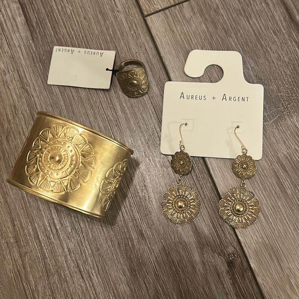 Brass Cuff with matching Earrings and Ring mandala flower sun image etched